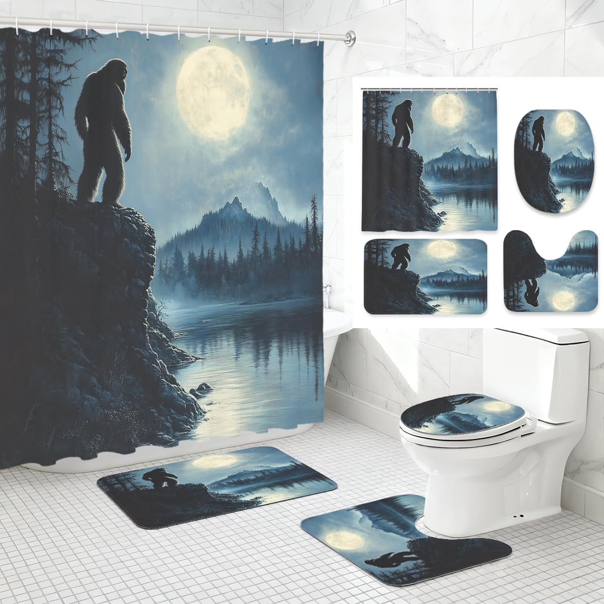 4 Piece Bigfoot Shower Curtain Set with Non-Slip Rugs, Toilet Lid Cover, Bath Mat Full Moon Lake Forest Night Sasquatch Bathroom Decor with 12 Hooks, 72 x 72 Inch