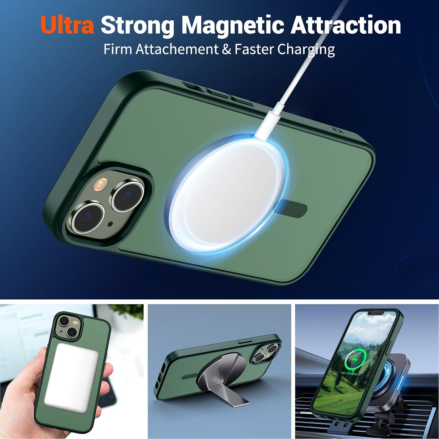 SUPFINE Magnetic for iPhone 13 Case/iPhone 14 Case Forest Green | With Screen Protector, Translucent Matte, Compatible with MagSafe, Military Grade Drop Proof, Rugged Shockproof Protective