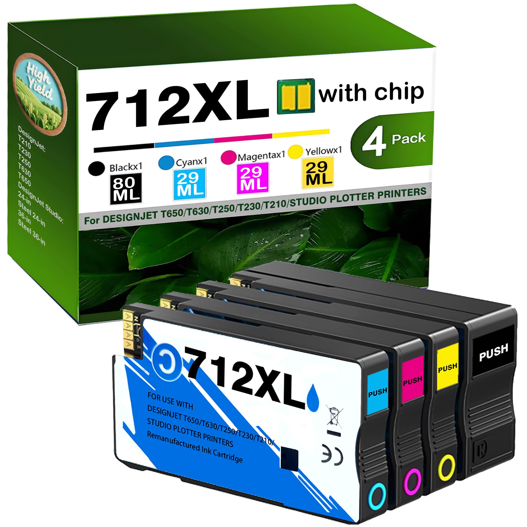 YNKHUI 712XL 712 XL Ink Compatible for HP 712 Ink Cartridges Combo Pack High Yield Replacement for HP DesignJet T210 T230 T250 T630 T650 Studio
