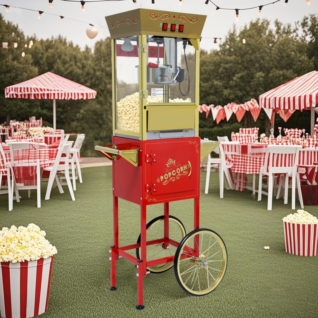 Carrello per popcorn da 340 g con bollitore in acciaio inossidabile, lampada termica e accessori per riunioni di famiglia, feste, vacanze e distributori di popcorn al cinema, rosso