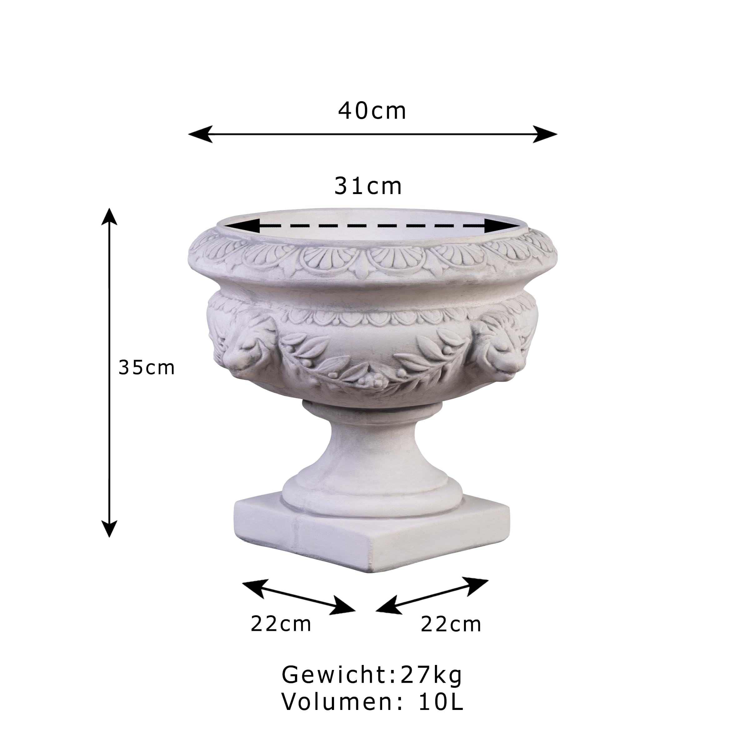 gartendekoparadies.de Doniczka na rośliny w stylu barokowym, z odlewu kamiennego, wys. 35 cm, 10 litrów, 27 kg, szara, odporna na mróz do użytku na zewnątrz