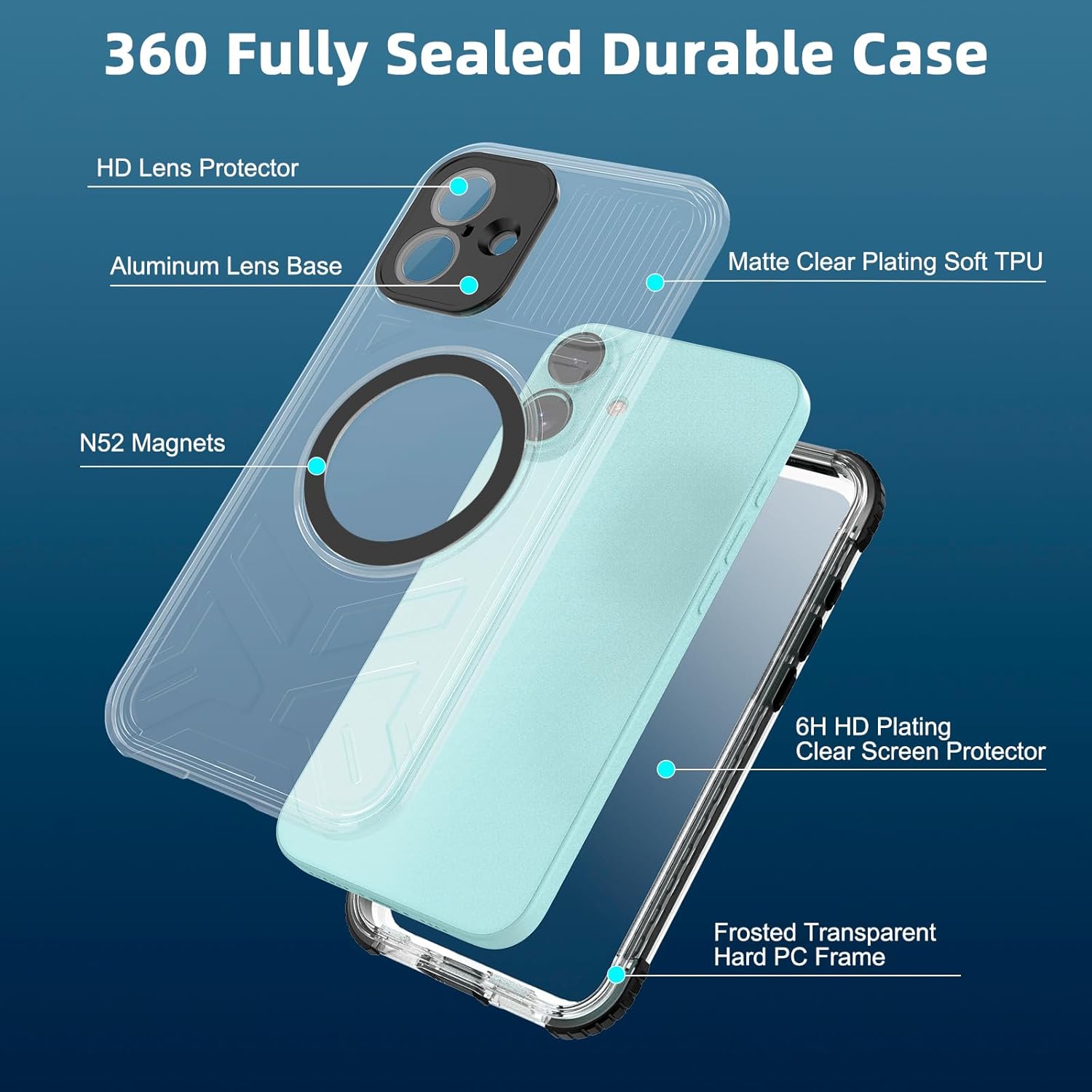 Magnetic Waterproof Frosted Case for iPhone 16 Plus 6.7 inch, with Wrist Strap, Built-in Screen Camera Protector, Military Grade Shockproof, Full Body Rugged Phone Cover, Black-Side