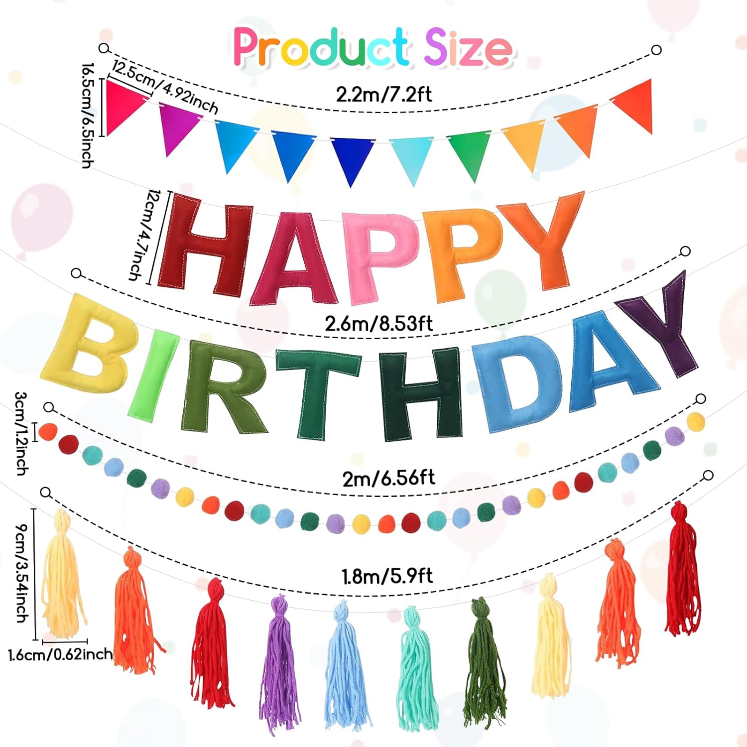 Happy Birthday Banner Set, Pre Strung Reusable Felt 3D Happy Birth Day Sign, Pompom Garland, Tassel Garland, Bunting Flags & Ballon for Birthday Party Decorations for Women Men Boys Girls