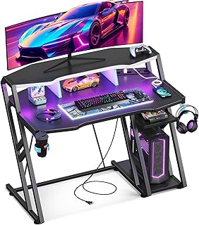 AODK ゲーミングデスク パソコンデスク コンセント付き 幅100㎝ 安定丈夫 収納ラック2段付き デスク PCデスク オフィスデスク LEDライト モニター台付き カーボン調天板 ブラック (ブラック, 100cm*奥行60cm*高さ75cm)