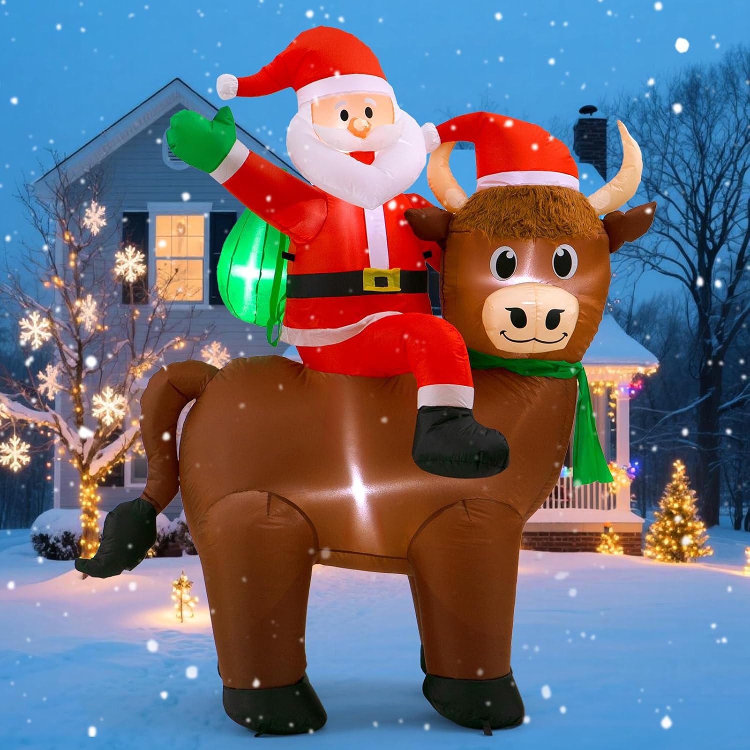 6FT Highland Cow Christmas Inflatables: Santa Claus with Highland Cow, Santa Blow Ups Outdoor Decorations Garden Decor, Built-in LED Lights, Cute Farm Animals for Outside Yard Lawn Xmas Party