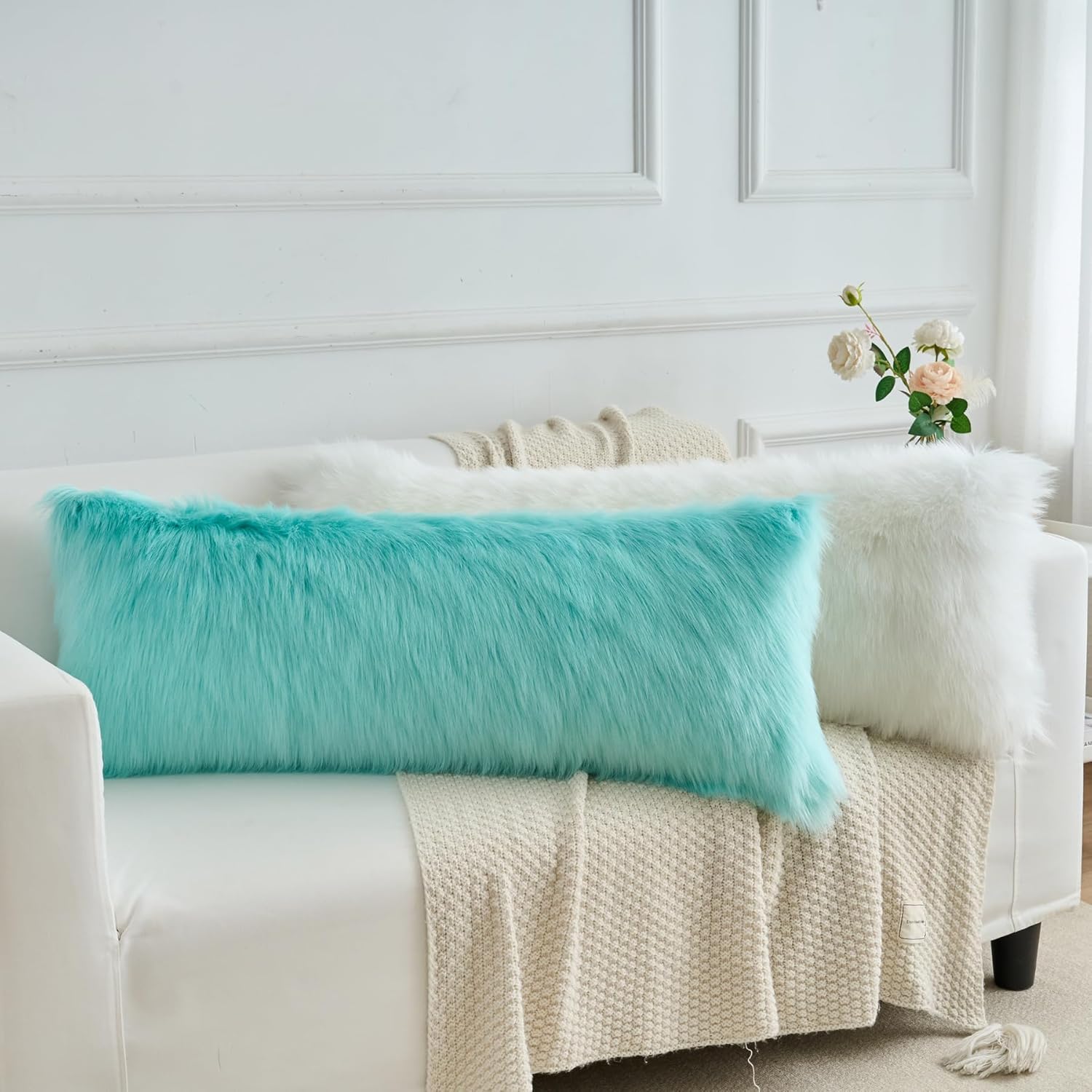 LIGICKY Long Lumbar Pillow Cover 14x36inch Pack of 1 Decorative Teal Soft Faux Fur Throw Pillow Cover Fluffy Rectangle Plush Pillow Case Cushion Cover for Couch Sofa Bed(Cover Only, No Inset)