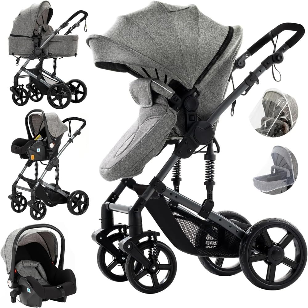 kinderwagen 3 in 1,Dreibucherrahmen & Doppel-Federung,Ein-Klick-Faltmechanismus für Neugeborene und Kleinkinder(Grau)