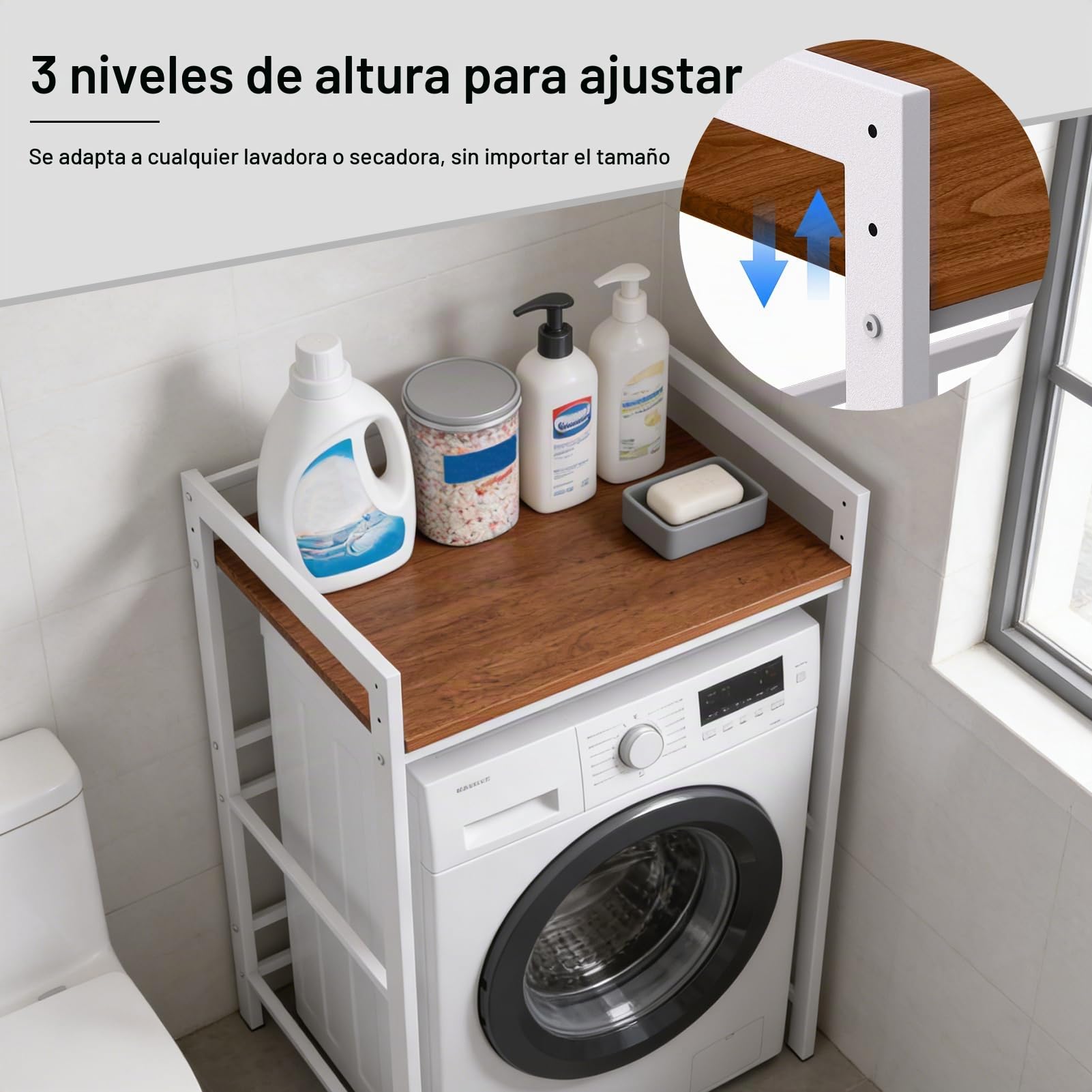 Torre Lavadora Secadora, Kit de Apilado, Estanteria Lavadora, Mueble para Secadora, Soporte, Ajustable en Altura de 3 Niveles, 300 Kg de Carga Blanco