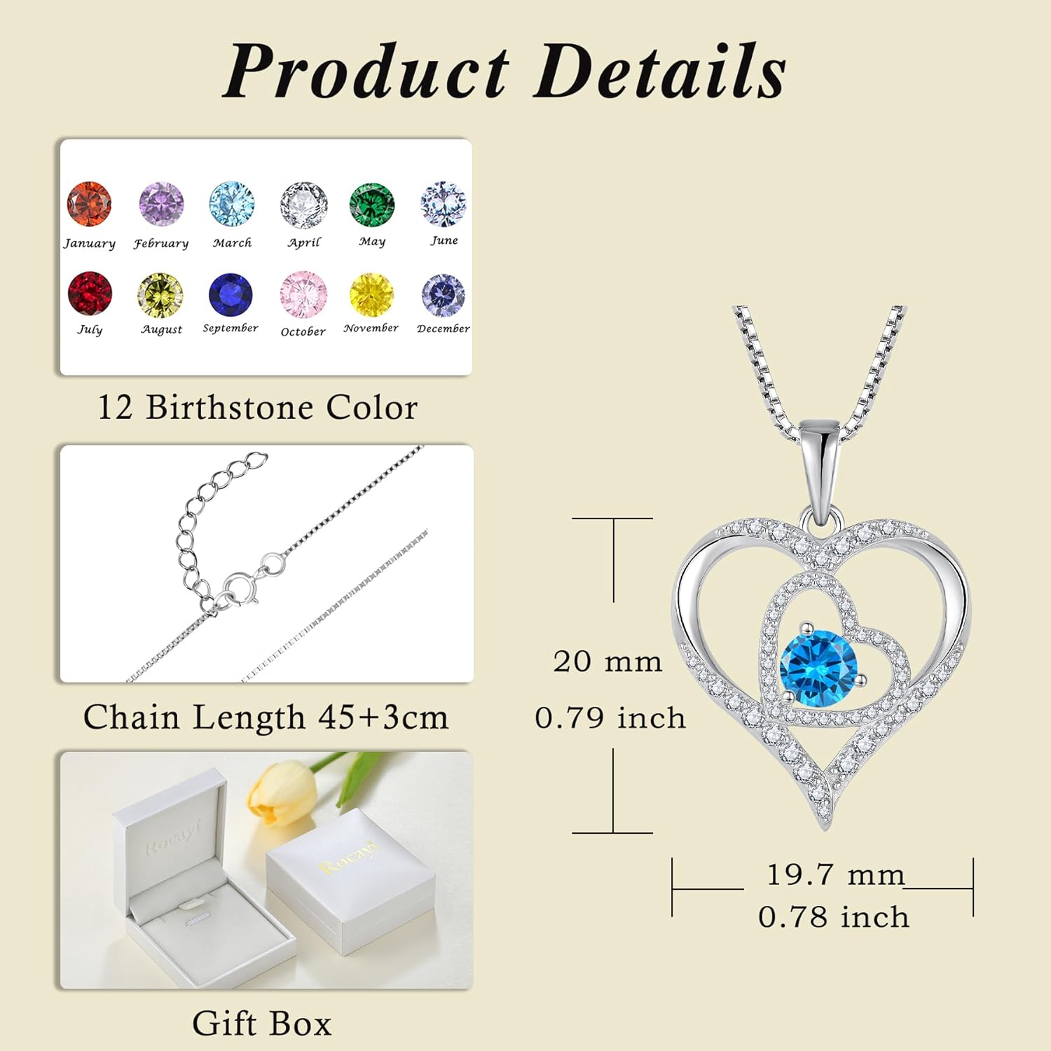 Love Heart Necklace for Women 925 Sterling Silver Birthstone Pendant Necklace Dainty Jewelry for Women Wife Mother Christmas Birthday Mother's Day Gift - Image 6