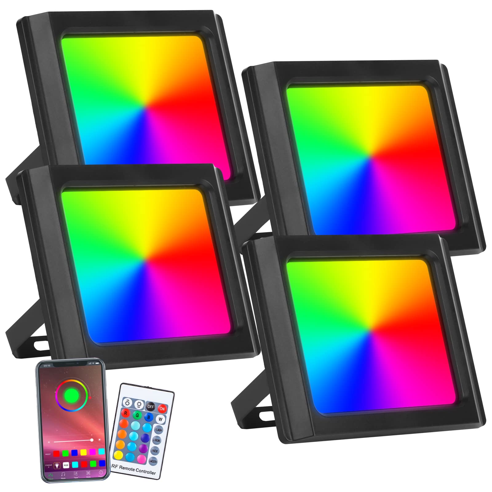 LED Flood Light Outdoor, 250W Equivalent 2500LM, RGB Flood Light Uplighting Halloween Lights Stage Lights ,Music /Mic Sync App Control Ip66 Waterproof, Timing, 2700k&16 Million Colors 12 Modes 4Pack