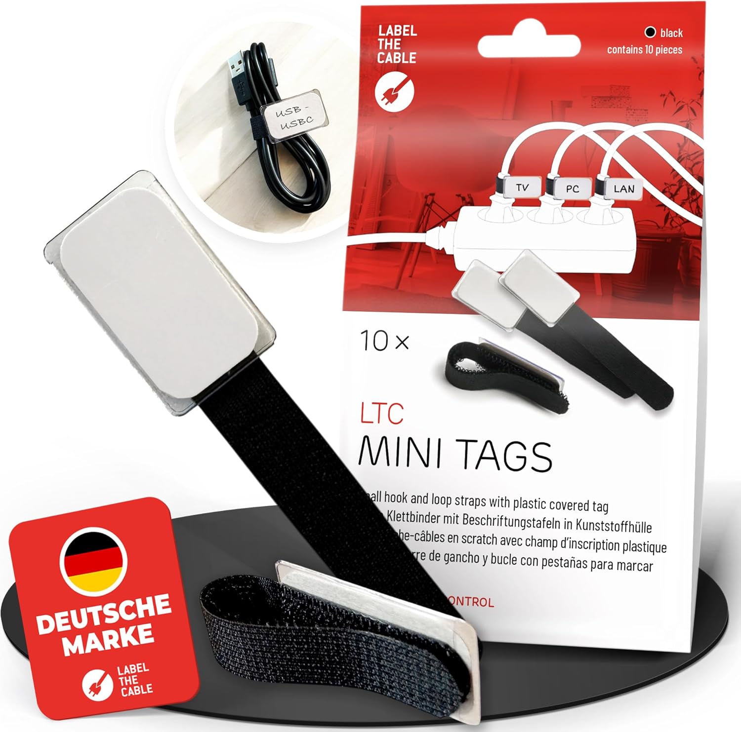 Cable Management Cable Ties with Labels, 10 PCS, Black - Reusable Hook and Loop Cable Labels, Cord Organizer for Travel, Wire Management, Wire Labels, Cord Labels, Cable Tags - LTC 2510 MINI Tags