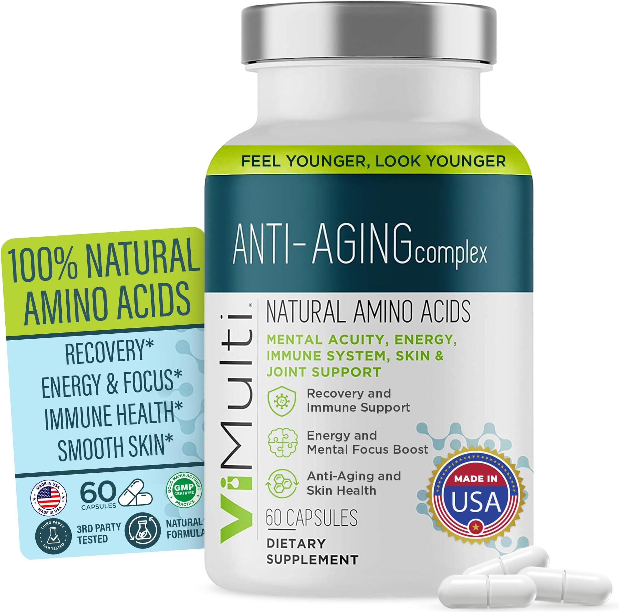 Anti-Aging Natural Amino Acid Supplement for Longevity –Supports Immune Health, Increased Energy, Improved Focus, Smoother Skin Tone and Restorative Sleep