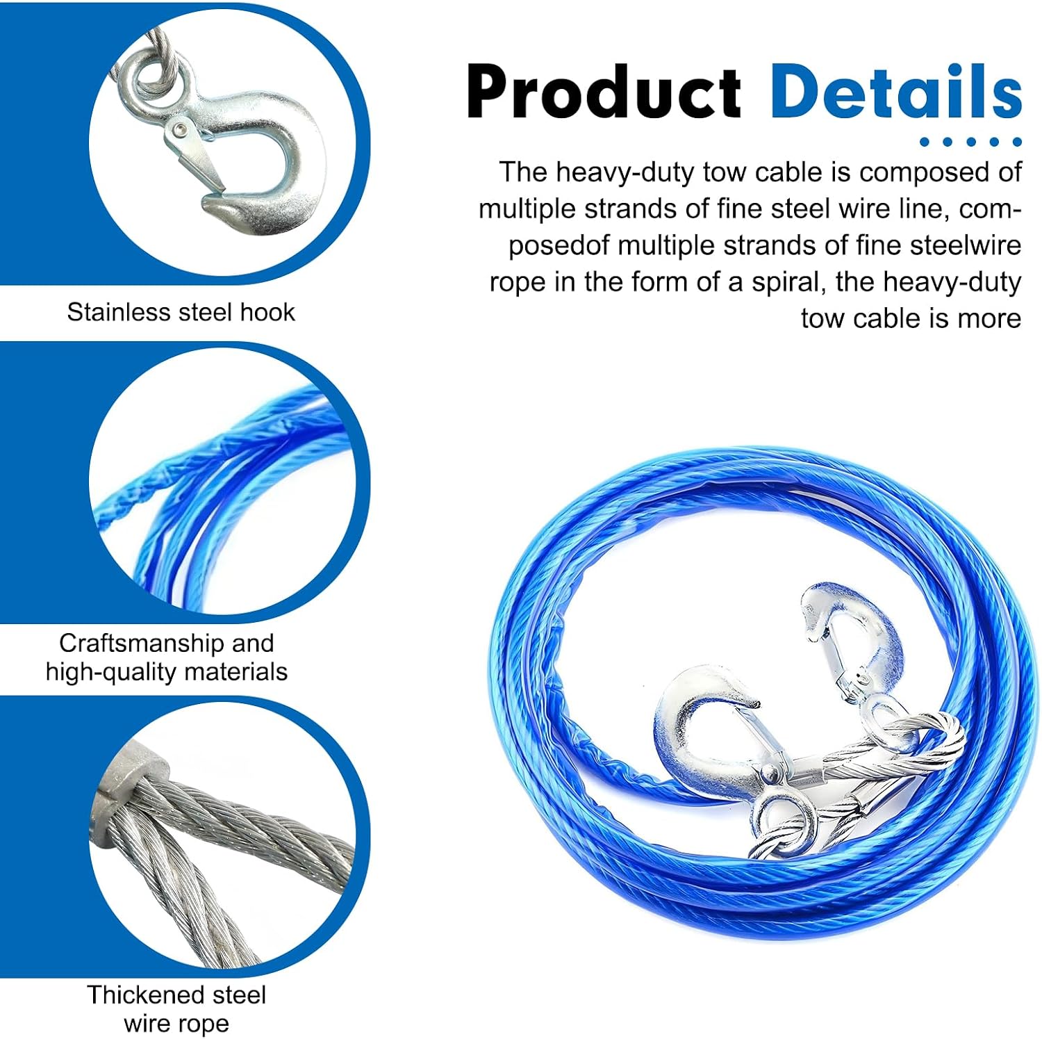 1 PC 1/4 Inch x 13Ft Steel Winch Cable, Heavy Duty Emergency Tow Cable, Steel Sturdy Trailer Towing Wire Rope with Hook for Car Trailer Truck Wrecker Crane (Blue)