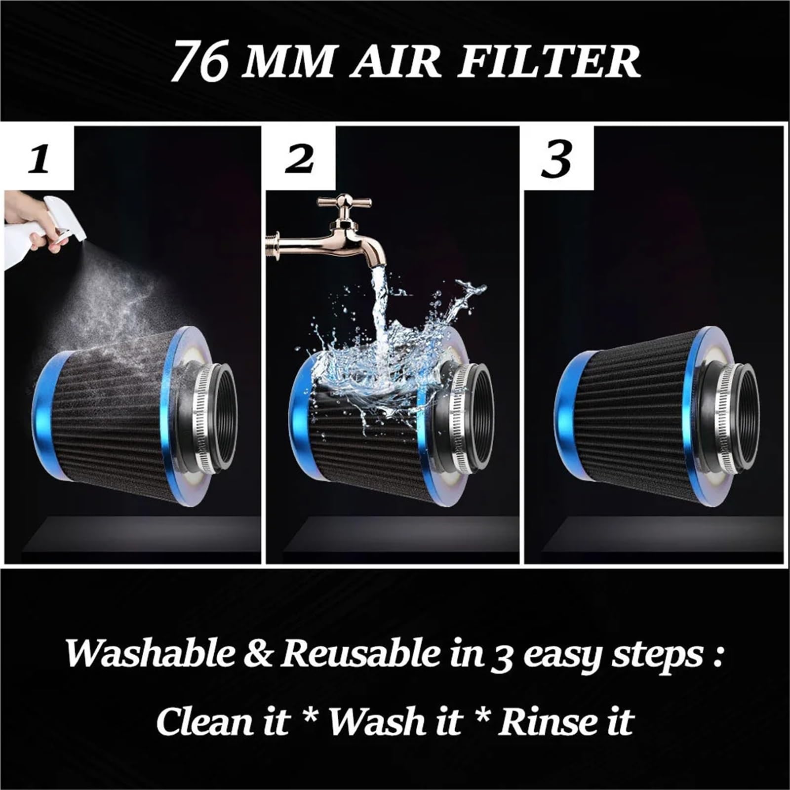 Zestaw filtra powietrza motocykl 76MM 3 "spalona niebieska siatka ze stali nierdzewnej stożek pobór mocy wysoki przepływ filtr zimnego powietrza wlotu zestaw indukcyjny(Blue)