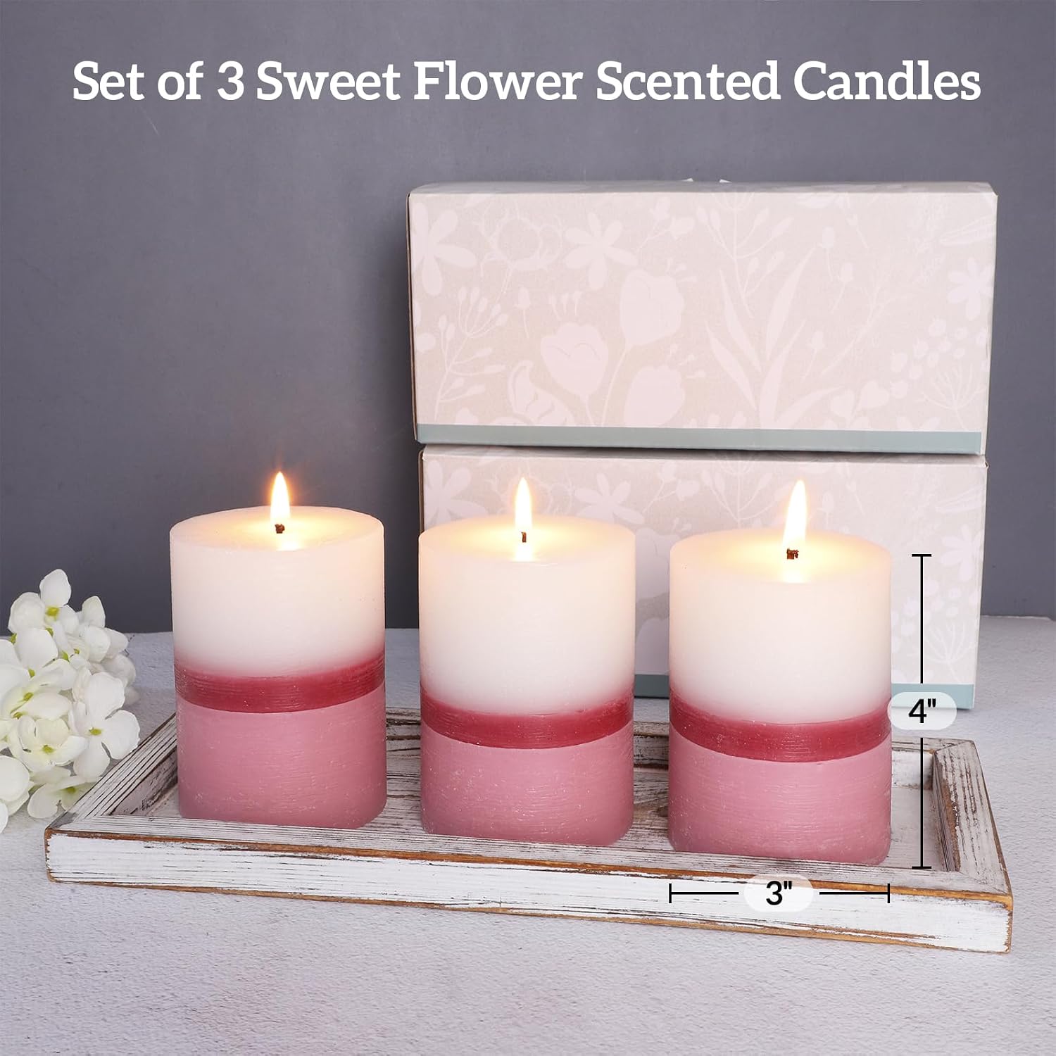Floral Scented Pillar Candles Set of 3, 3x4 Inch Rustic Rough Texture Handmade Aromatherapy Candles, 35+ Hours Long Lasting Smokeless & Dripless for Home Decor Wedding Birthday Gift