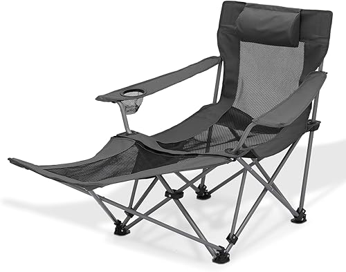 Magshion Silla de camping plegable reclinable con reposapiés para adultos, silla plegable resistente con reposapiés, color negro