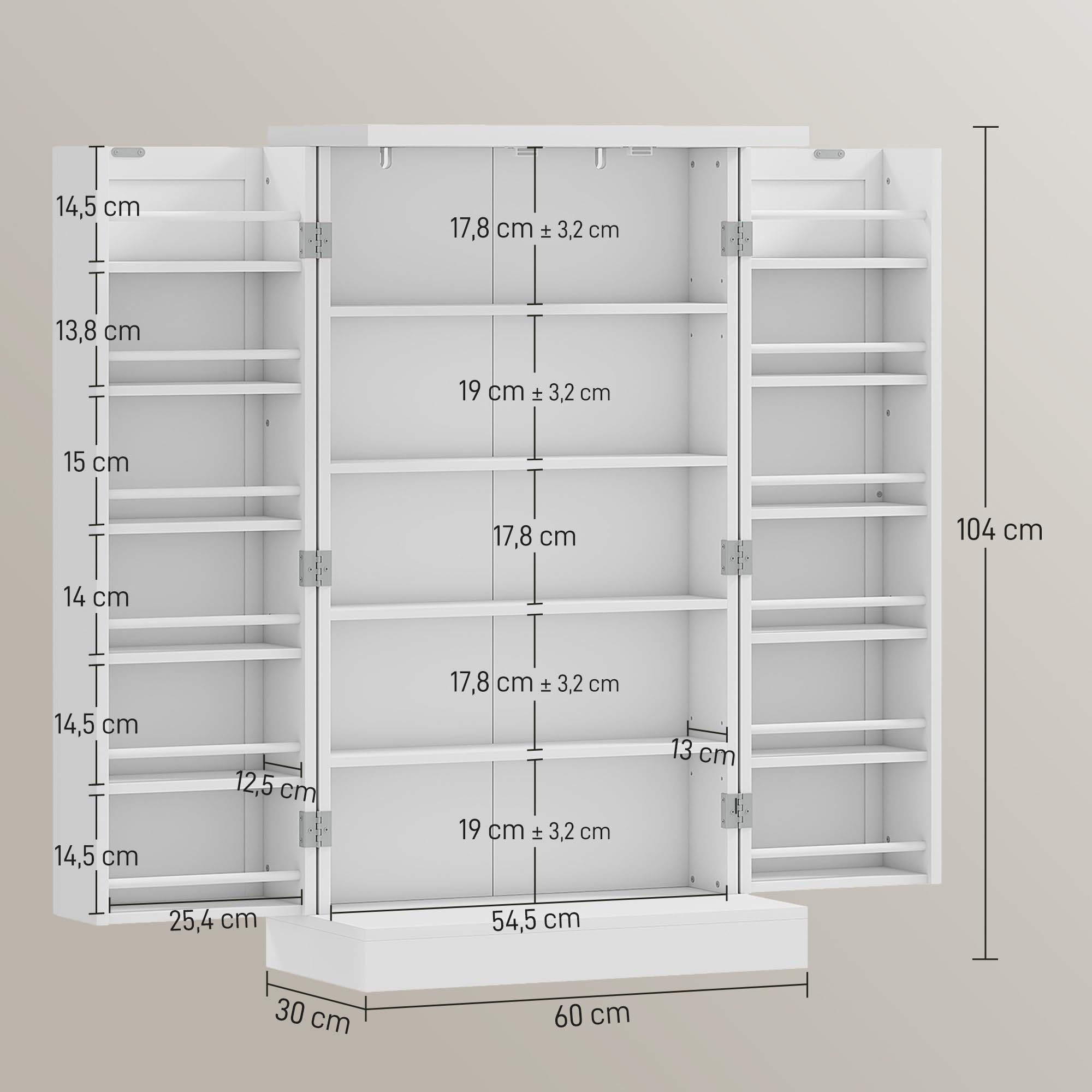 HOMCOM Armario de Cocina, Armario Despensa Cocina, con 2 Puertas, 16 Estantes, Alacena Moderna, con Estantes Ajustables, para Comedor, Salón, 60x30x104 cm, Blanco