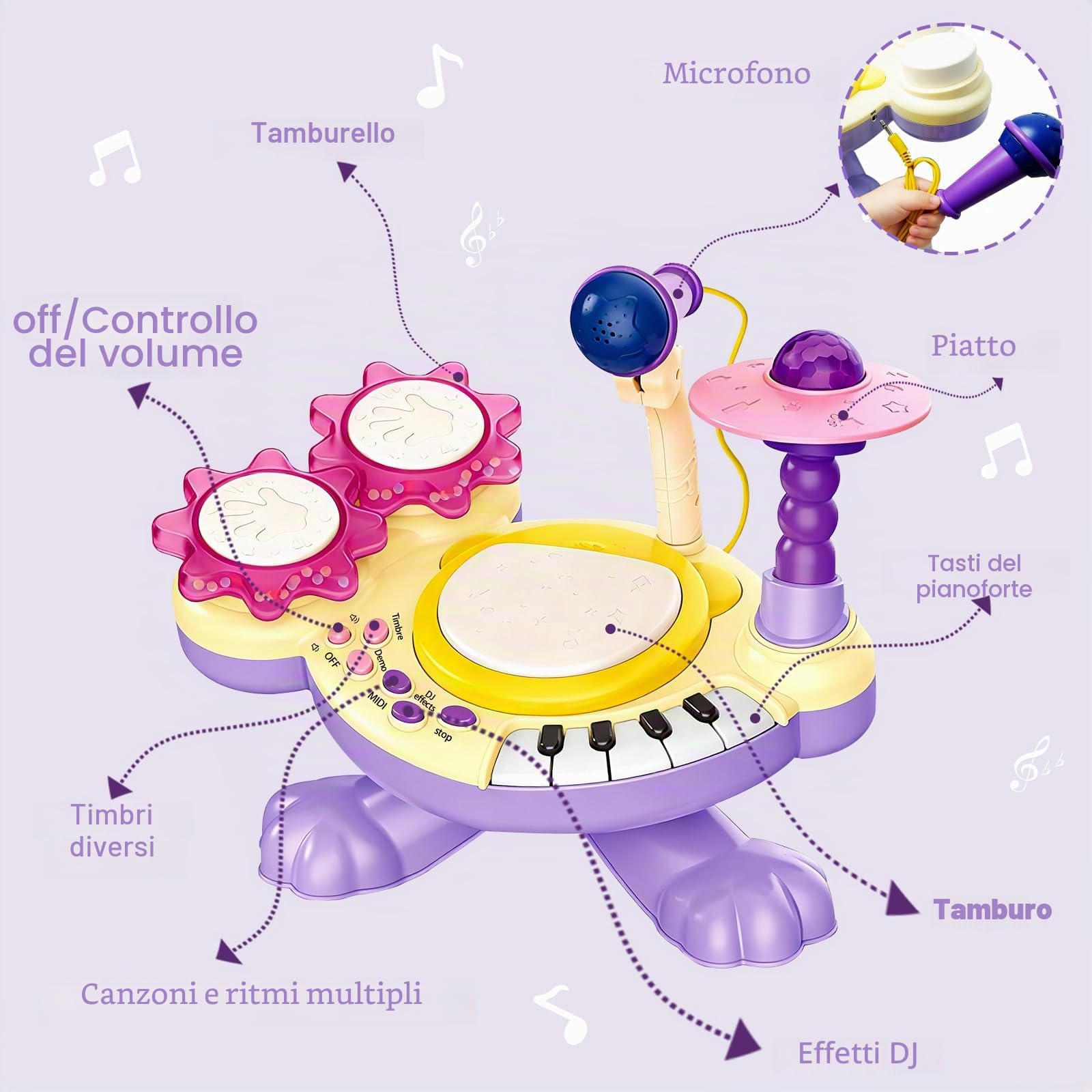 Batteria Bambini 3 Anni, Tamburo con Battito di Mani con Musica, Luci, Microfono e Tasti di Pianoforte, Educazione Precoce Batteria Strumenti Musicali Bambini Giocattolo Natale Regalo (Viola)