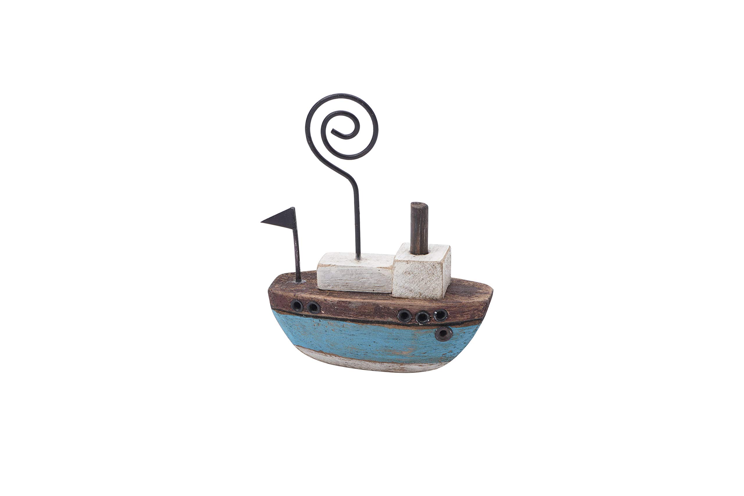 CGB Giftware | Fishing Boat Photo Clip Holder | Wire Stand | Nautical Theme Distressed Style Hand Painted | White and Blue | Wooden | Coast to Coast Range| GB05078