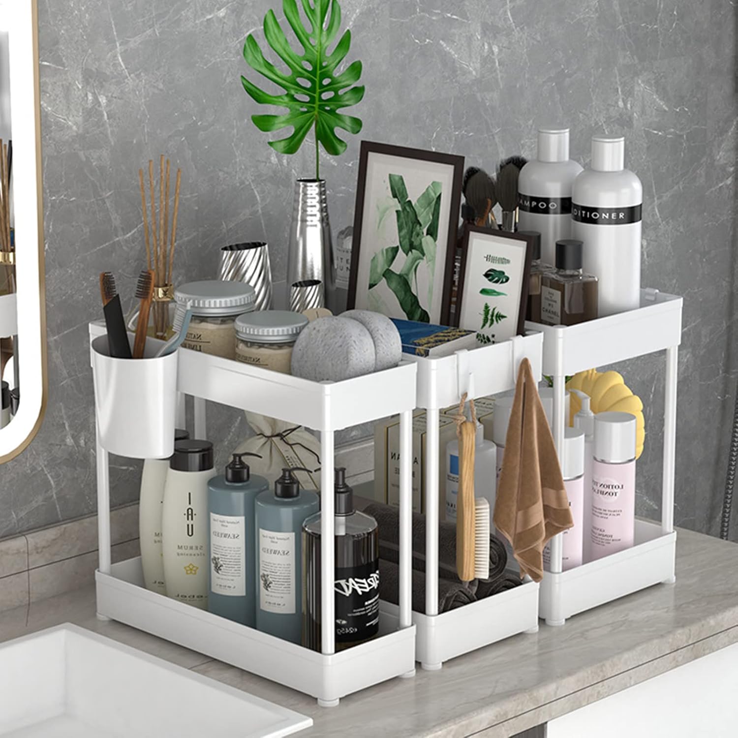 3-in-1 Under Sink Organizer, Multifunctional Kitchen Bathroom Countertop Storage Rack, Drain Rack 3-Piece Set with Hooks and Hanging Cups(Size:3 Piece Set,Color:Black) (Black 3 Piece Set)