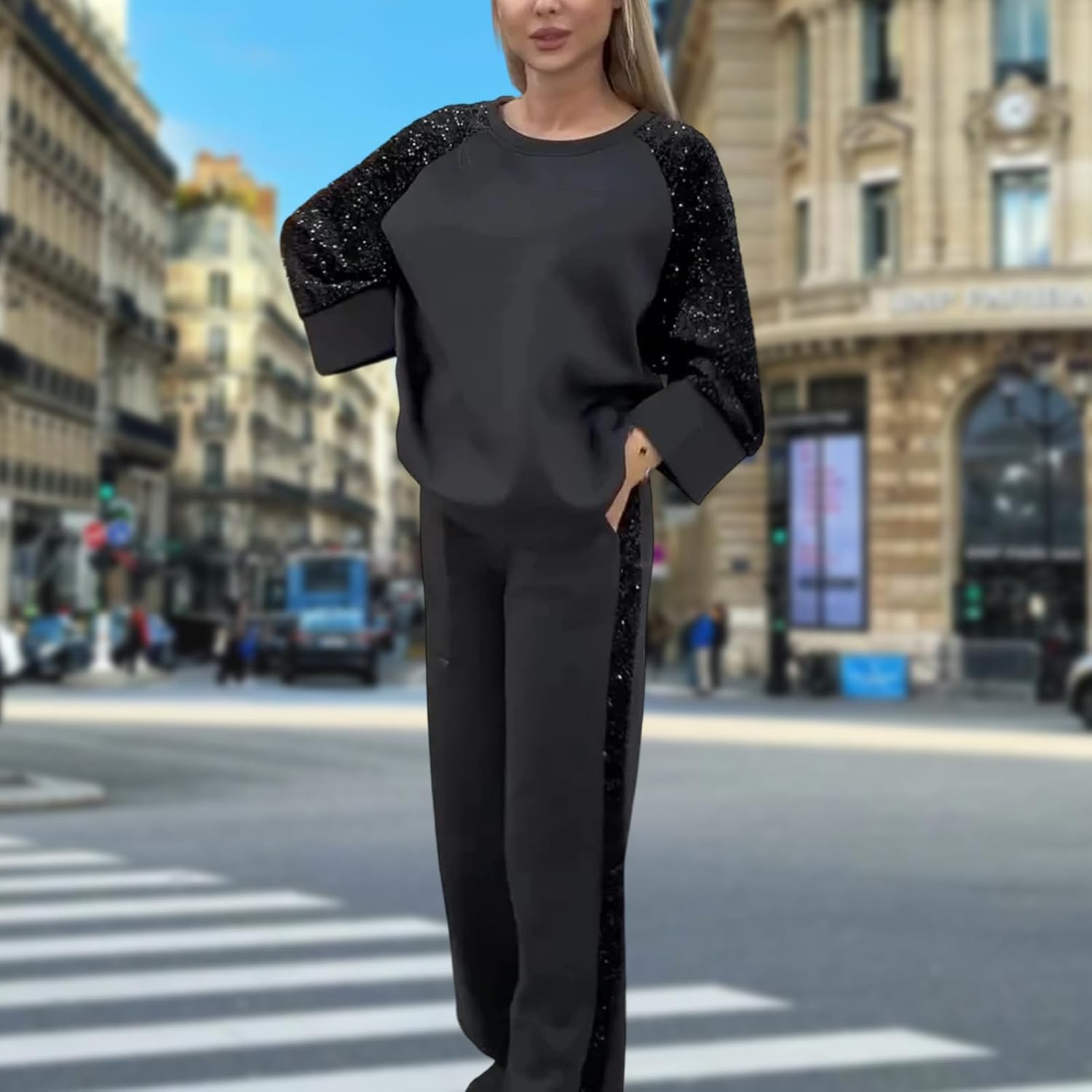 Sweatshirt Sets for Women - 2 Piece Sequin - Shiny Sweatshirt and Pants Casual Tracksuit Outfits | for Sports