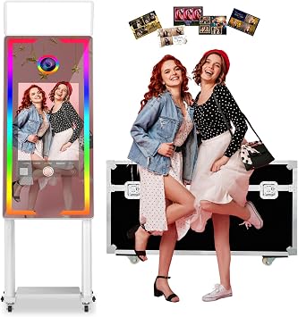 Magic Mirror Photo Booth 40-22in Interactive Touch Screen DSLR Photo Booth Machine Remote Control RGB Light Idea Instant Printing and Share for Event Rental Party White