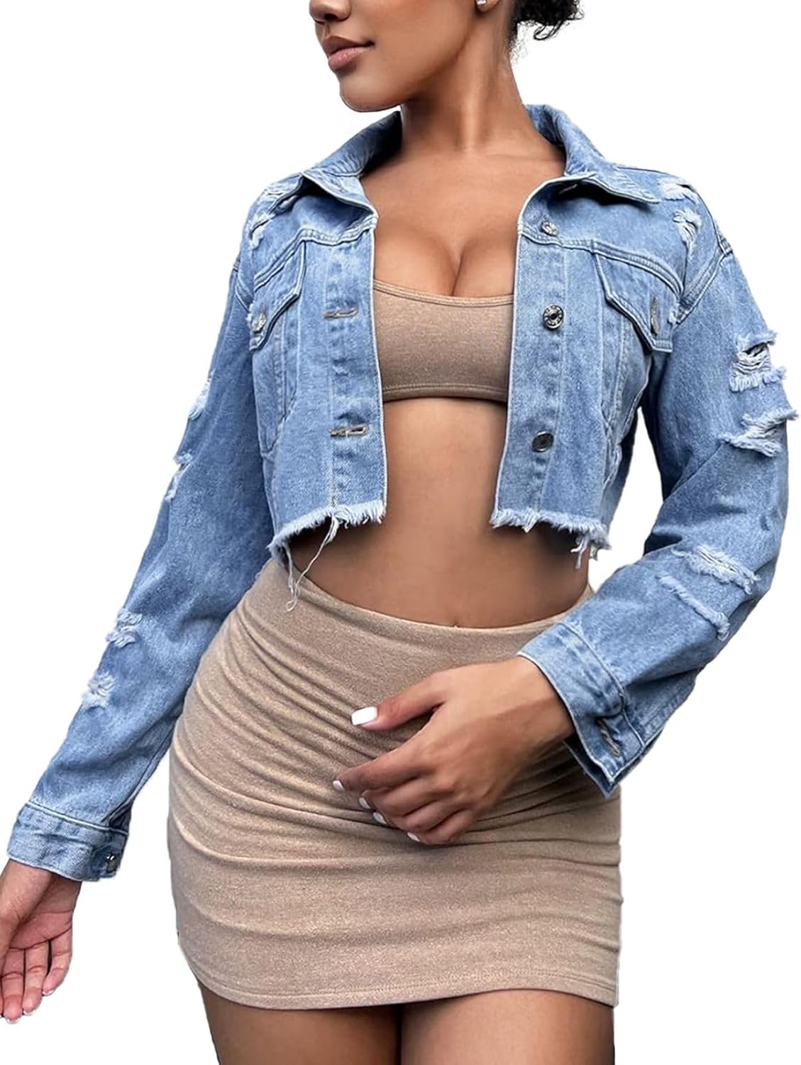 FairBeauty Women's Washed Distressed Denim Jacket Long Sleeve Ripped Button Up Cropped Jean Jacket