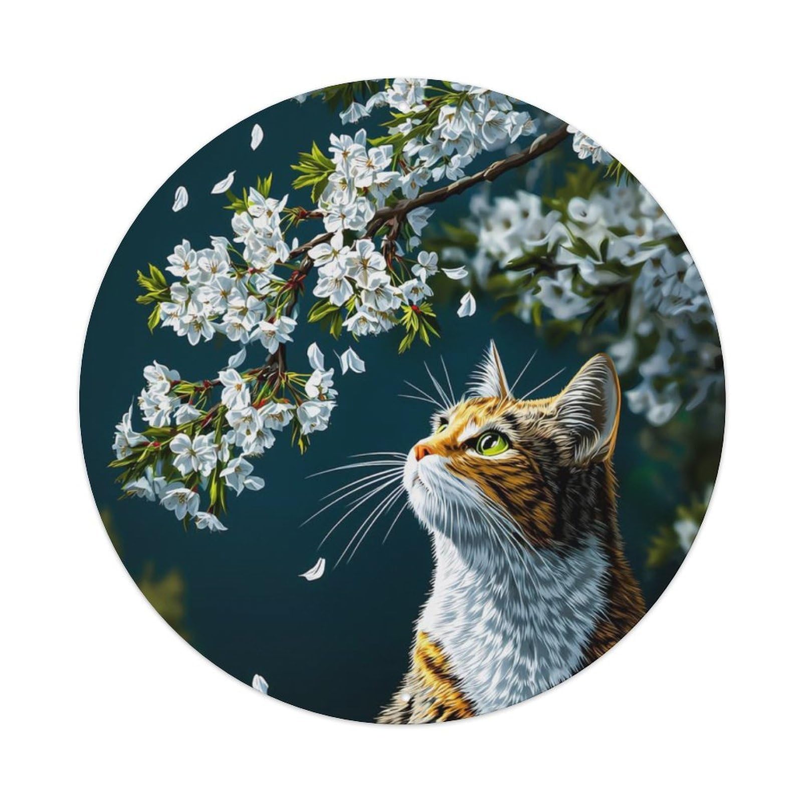 Animal Tabby Cat White Cherry Blossom Vintage Metal Tin Sign Plaque Wall Decor for Cafe, Club Bar, Office, Garden Metal Poster 8x8Inch