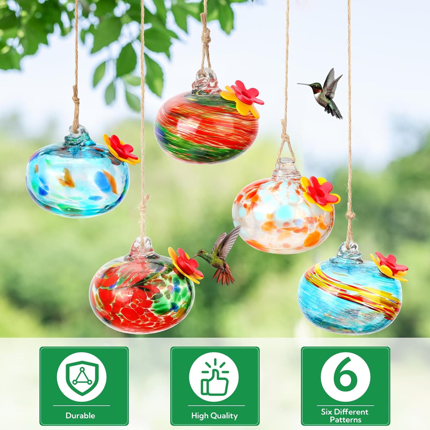 6PCS Hummingbird Feeders for Outdoors - Glass Leak Proof Bird Feeders for Garden & Backyard Decor, Multicolor, for Women & Moms