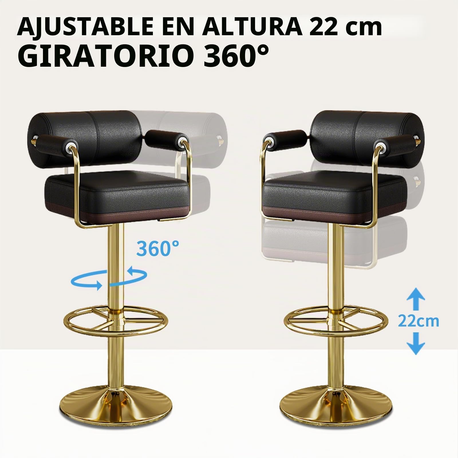 Vigosit Taburete de Bar con Altura Ajustable, con Respaldo y reposabrazos, Giratorio 360° para Cocina, Acolchado con Asiento Grande（ 1 Pieza）