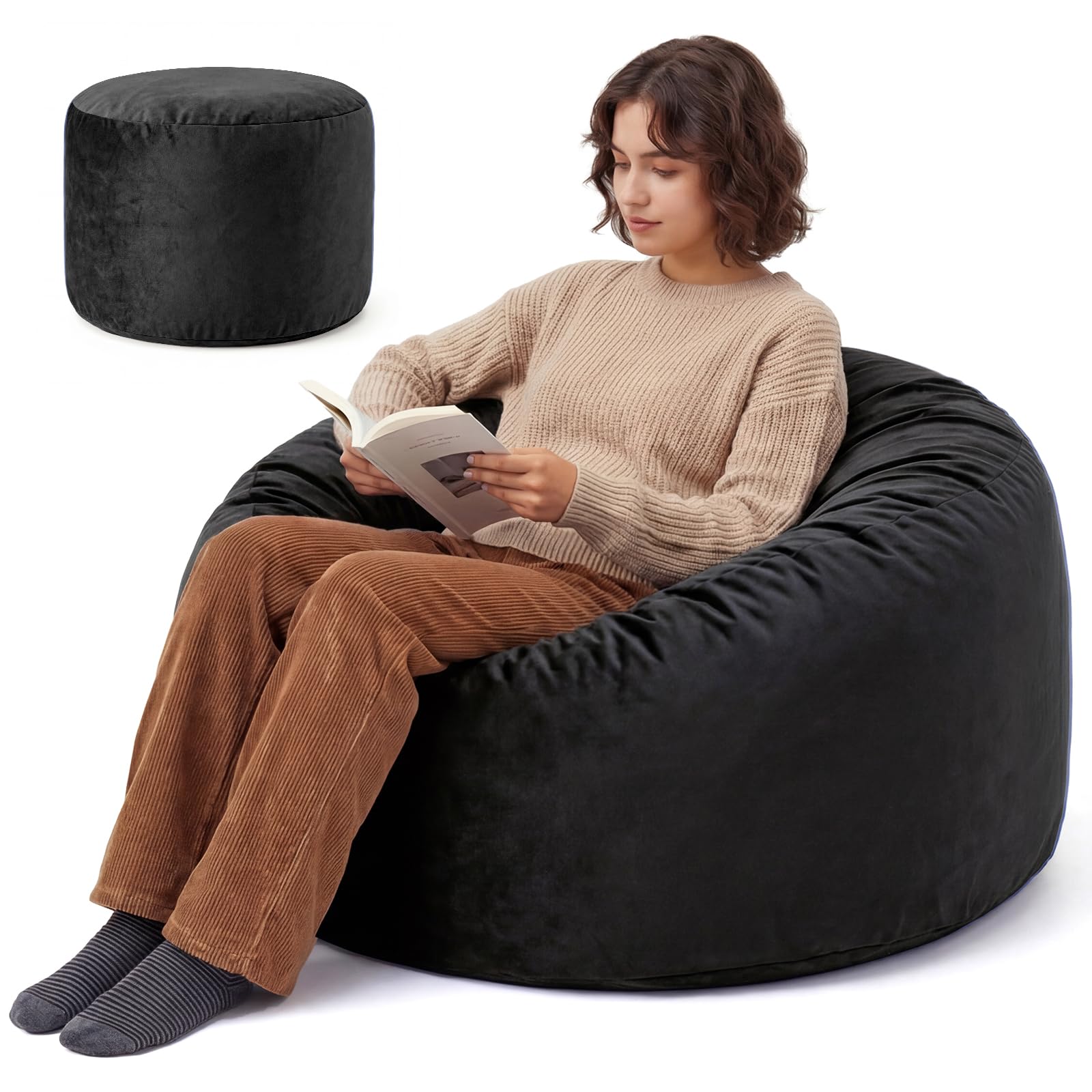 Yagamo Memory Foam Bean Bag Chair for Adults Velvet BeanBag 3FT Jet Black | Memory Foam Filling,Washable Cover, Convenient Design, Bean Bags for Dorm Bedroom Reading Lounging Gaming