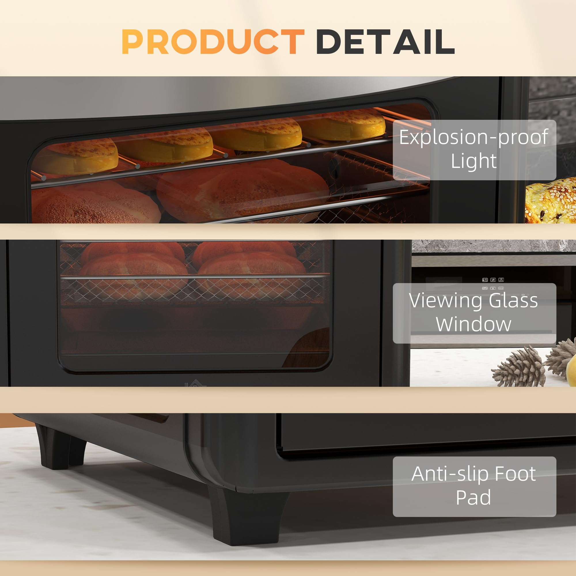 HOMCOM Mini Backofen mit Umluft 30 L 1600W 90-230℃ 60 Min. Timer inkl. Innenbeleuchtung, Krümelblech, Warmhalteplatten, Backblech, Grillrost, Frittierkorb, Minibackofen Pizza-Ofen, Schwarz