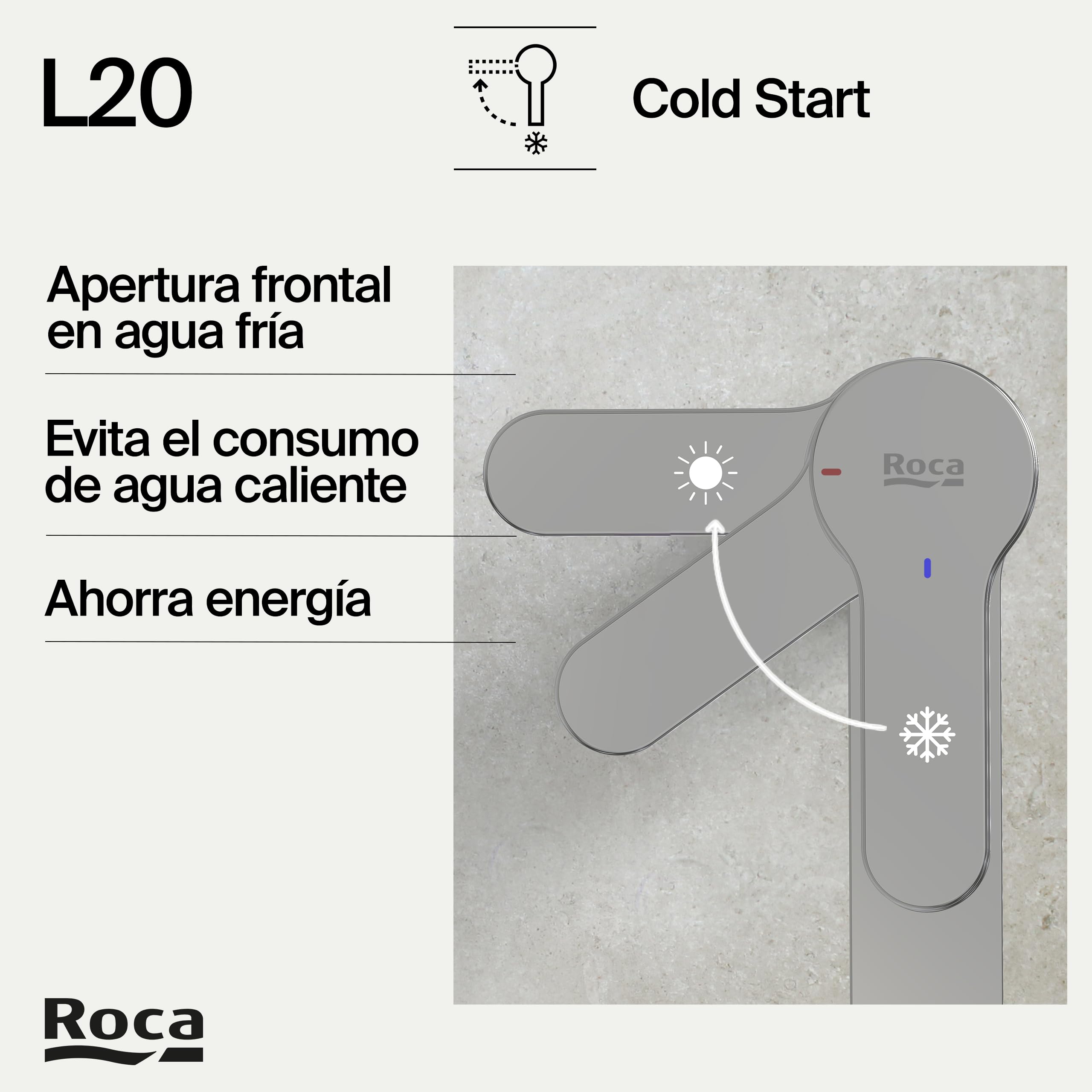 Roca L20 Grifería para lavabo con tecnología Cold Start, grifo monomando de repisa con enlaces de alimentación flexibles, mezclador para cuarto de baño de fácil instalación, cromado, A5A3K09C00