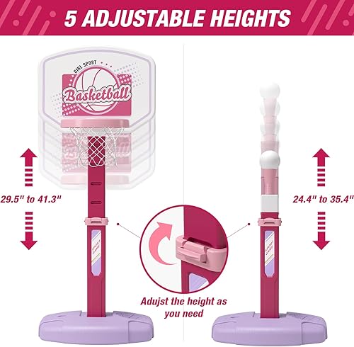 Miniatura 3 de Juego de aro de baloncesto y pelota en T 2 en 1 para niños, altura ajustable, camiseta de béisbol para niños con máquina de lanzamiento automática,