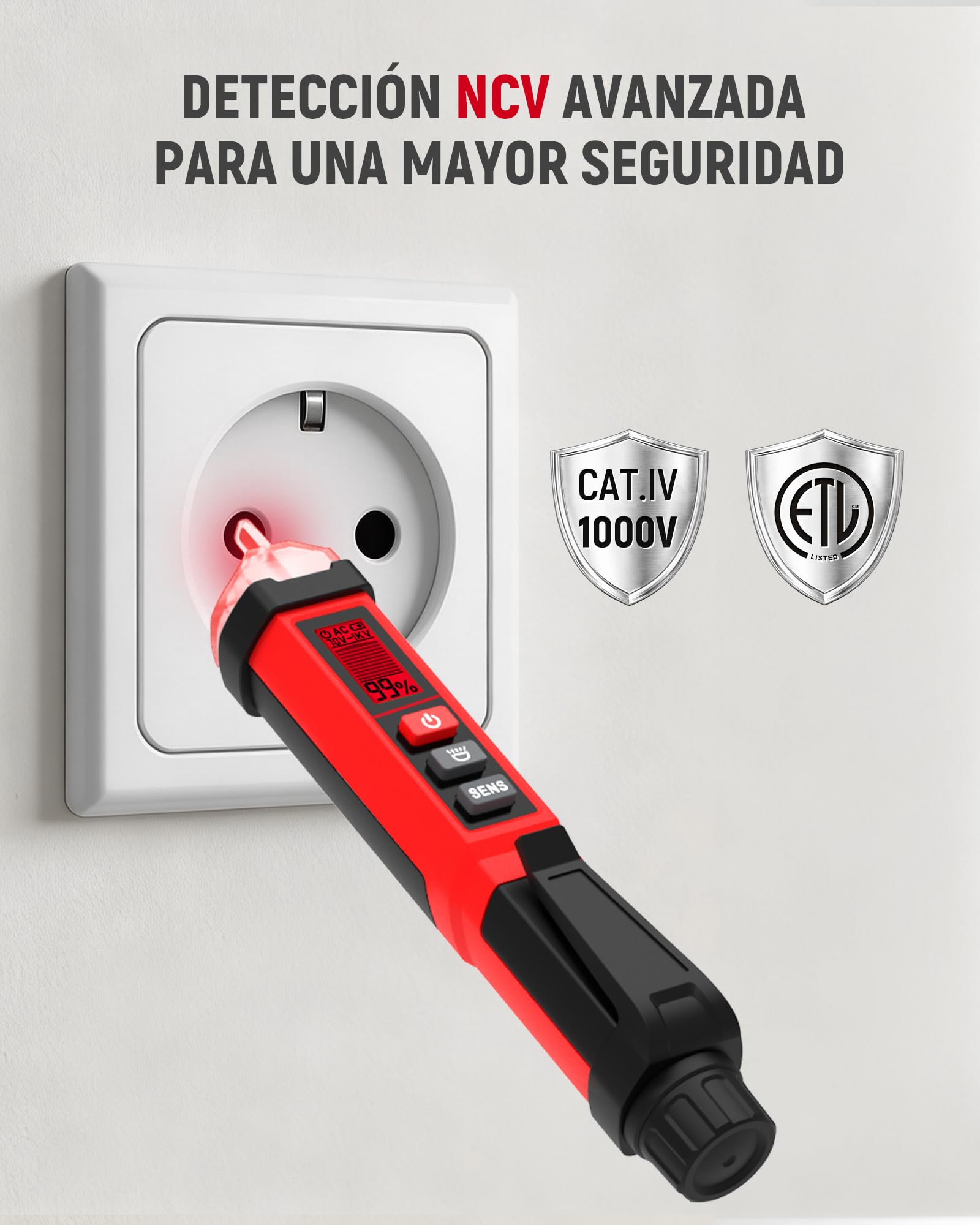 KAIWEETS Detector de Voltaje NCV, Probador de Voltaje 12-1000V / 70-1000V AC con Pantalla LCD, Indicador de Señal, Alarma Sonora y Linterna LED, Buscapolos Eléctrico Certificado ETL CAT IV