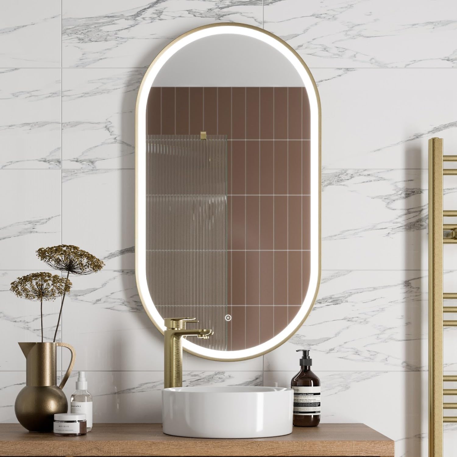 Baystone Brushed Brass Baystone® 550 X 1000Mm Capsule Led Illuminated Bathroom Mirror With Lights Wall Mounted Mirrors For Bathrooms Mains Powered Touch Sensor Demister