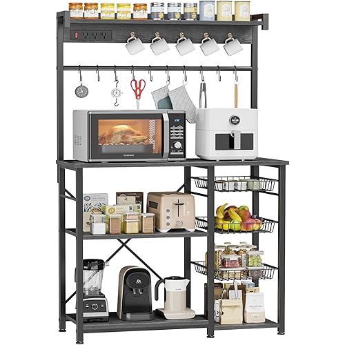 Large Bakers Rack with Power Outlets 38.8 Inches, 15 Hooks Coffee Bar with 3 Wire Basket, Microwave Stand Kitchen Storage Shelf for Spices, Cups, Pots, 38.8 x 16.3 x 62.2 in, Gray Oak