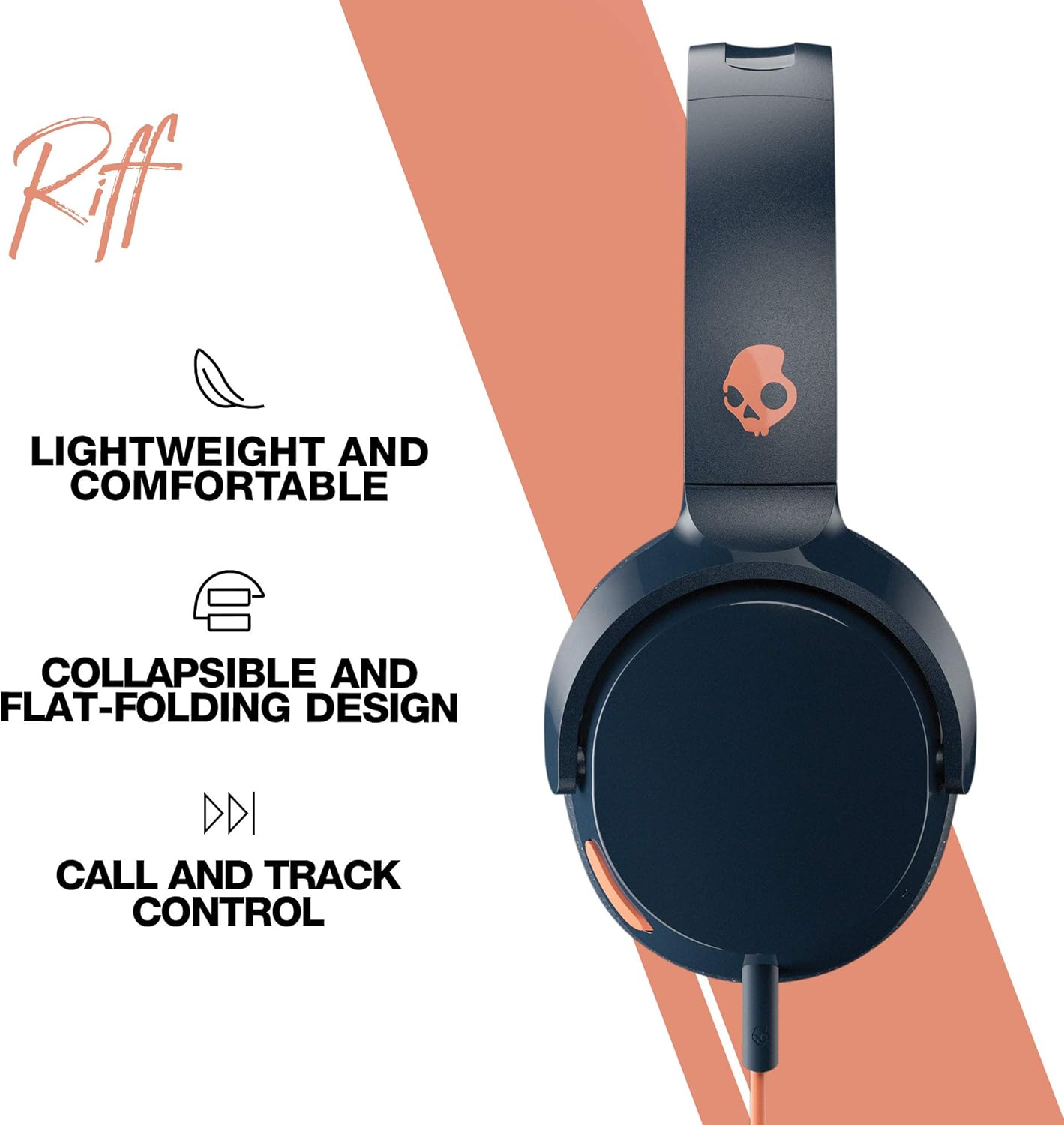 Skullcandy Riff On-Ear Wired Headphones, Convenient for Travel with 3.5mm AUX Plug, Built-in Microphone, Foldable Lightweight Comfortable Design, Durable Headband, Reliable Simplicity - Blue/Sunset - Image 3