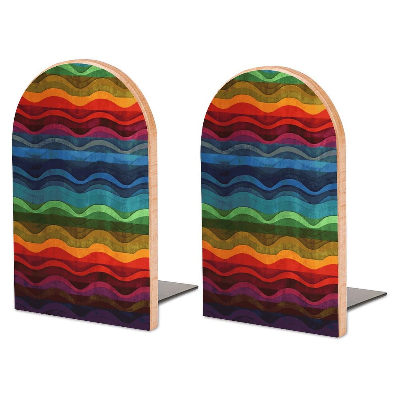 Rainbow Bookend for Shelves Non-Skid Book Holder Modern Heavy Duty Bookend Stopper Metal Base Wood Book End Books Shelf Holder Home Decorative 1pair 6.7x3.9x4.7