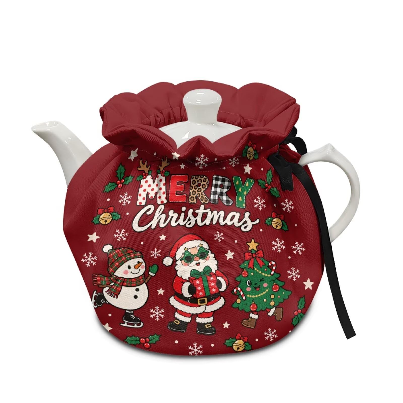 Poceacles Tea Pot Cozy Cover Insulated Tea Cosy for Teapots, Keeping Warm Heat Resistant Tea Kettle Dust Protector for Christmas Winter Holiday, Santa Claus Snowman Tree Red