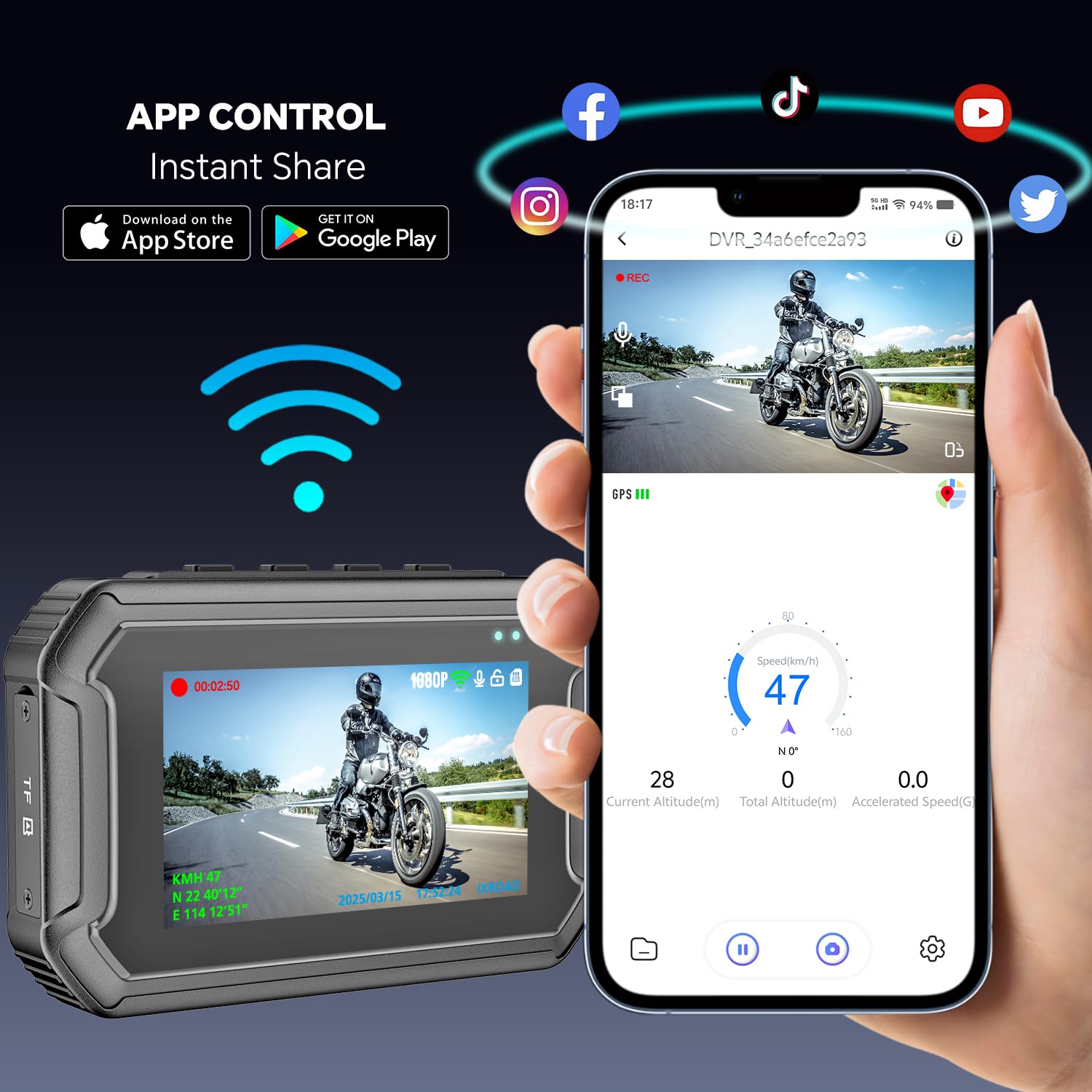 Dashcam Motorrad wasserdicht mit GPS-Logger, 1080P Motorrad Kamera vorne und hinten mit Parküberwachung, App-Steuerung, Fernbedienung, inkl. 64 GB TF-Karte