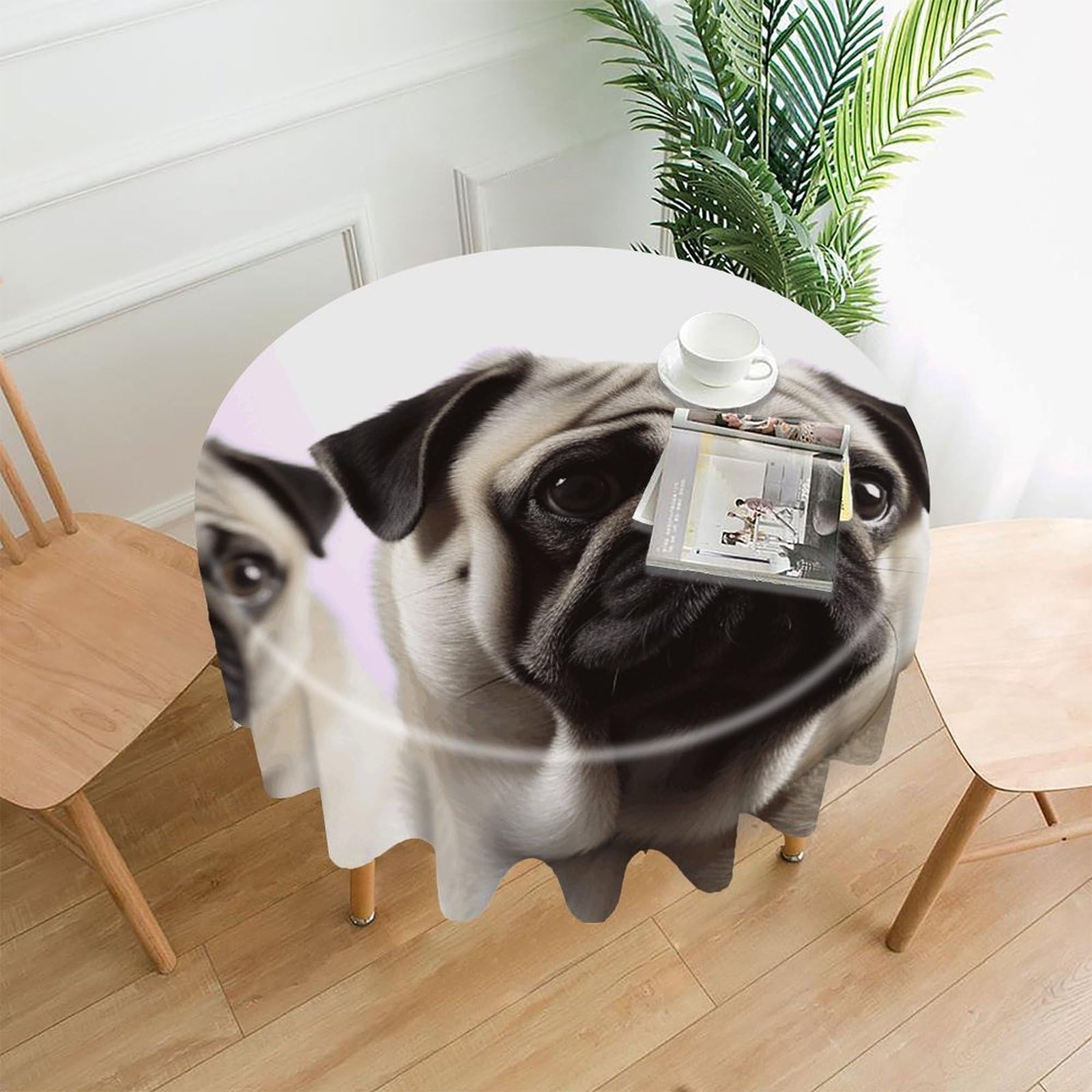 Pug Dog Tablecloth Exquisite Wrinkle-Free Straight-Edge Round Table Cloth Anti-Fading Premium Polyester Tablecloth Waterproof Folding Table Cloths for Tables Decor