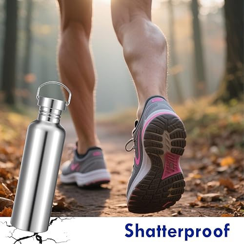 Miniatura 2 de Paquete de 4 botellas de agua de acero inoxidable 304 de 35 onzas con asa, reutilizables, sin aislamiento, de una sola pared, para ciclistas,