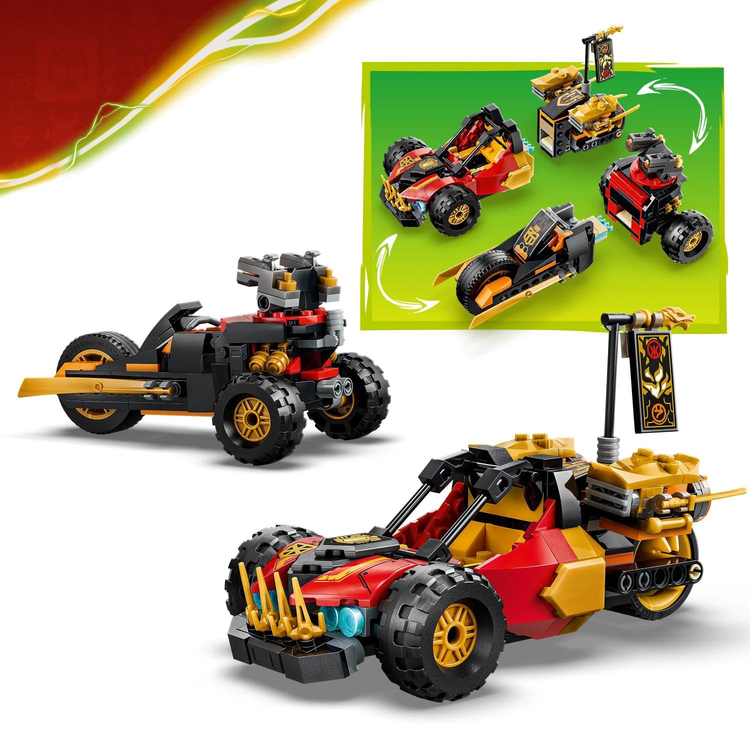 LEGO Ninjago Véhicules Combinables de Kai et Cole - Jouet Voiture de Ninja, Moto, 3 Minifigurines Dont Kai & Cole avec Katanas - Idée Cadeau pour Garçon 7 Ans ou Fan du Soulèvement des Dragons 71864