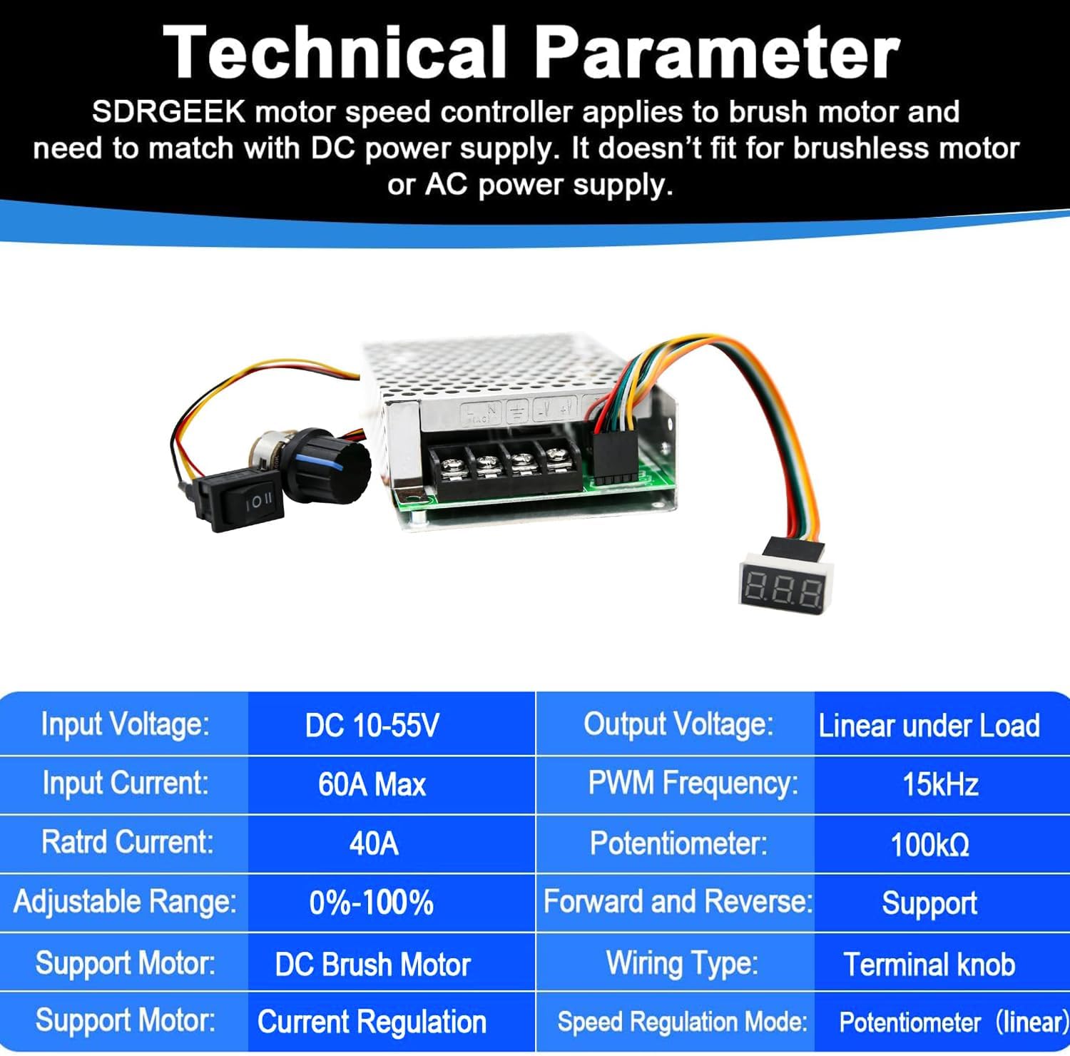 PWM DC Motor Speed Controller, DC10-55V/40A Max 60A Stepless DC Motor Speed Controller with Forward-Brake-Reverse Switch Adjustable Potentiometer and LED Display,Continuous Current 40A : Industrial & Scientific