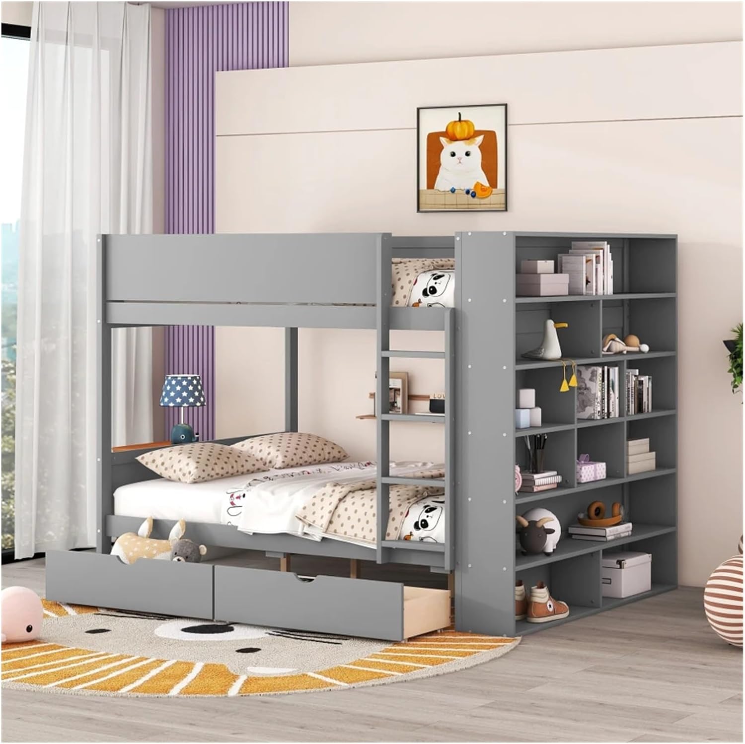 Full Over Full Bunk Bed with 2 Drawers,Guardrail and Multi-Layer Cabinet,Multifunctional Modern Style (White One Size)