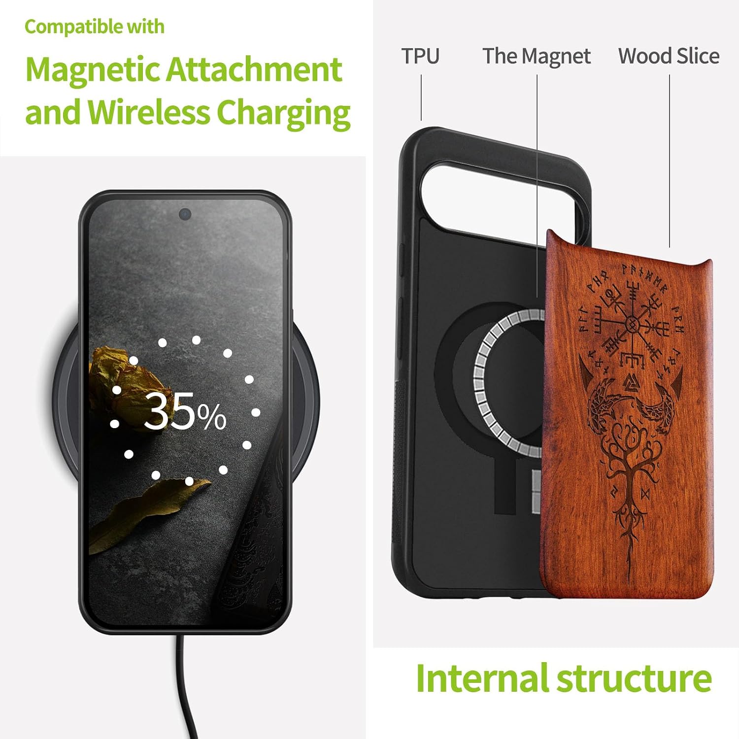 Carveit Magnetic Wooden Case for Google Pixel 9 Case, Wood Artisan Engraved & Soft TPU Shockproof Cover, Compatible with MagSafe Wireless Chargers (The Guiding Vegvisir) Rosy