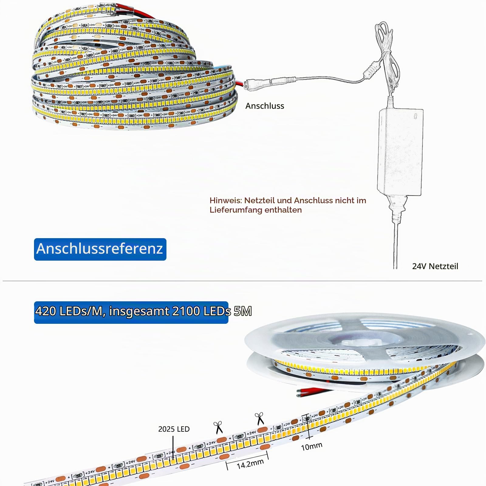24V LED Streifen Lichts, Naturweiß 4000K Pro Version Super Hell, 5M Strip Lichtband SMD 2025 IP20 420 LEDs/M, Total 2100 LEDs Lichtleiste Leiste für Schlafzimmer, Küche Dekoration