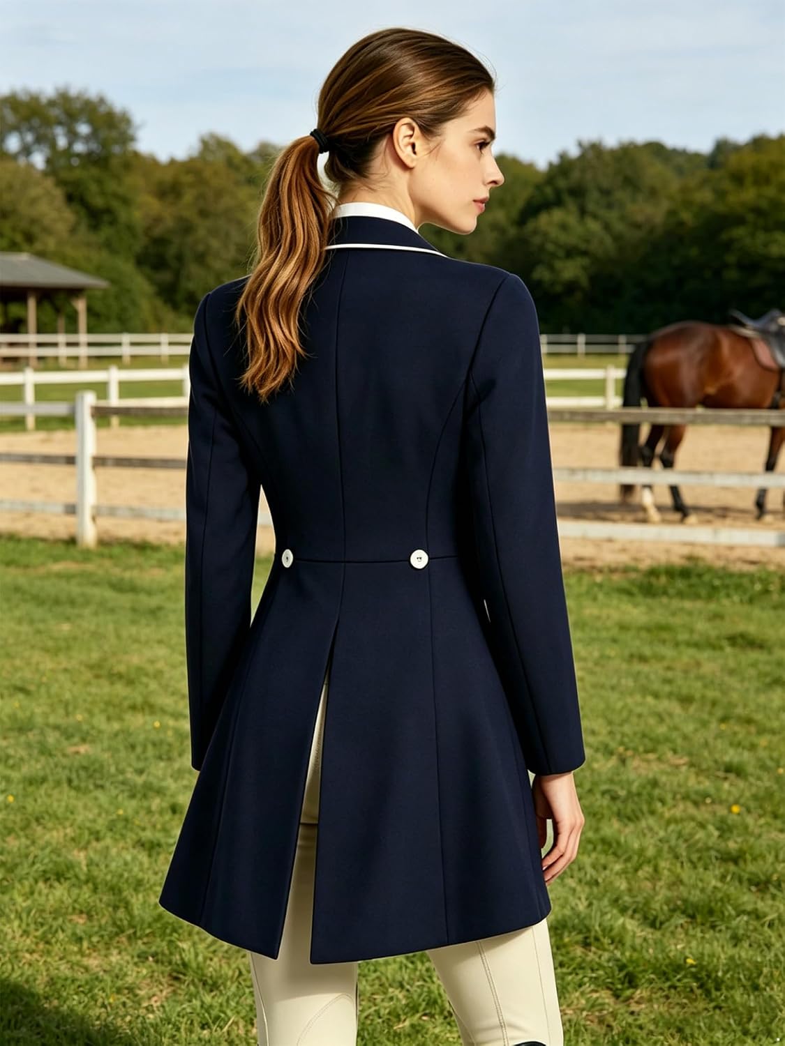Lejafay Women's Practice Horse Riding Jacket Equestrian Coat | Long Sleeves Lapel Neck Swallow Tail Coat Double Breast Contrast Trim Competition Long Tailcoat Jackets