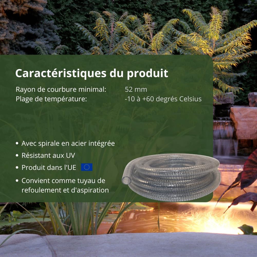 Tuyau spiralé en PVC - Tuyau d'aspiration et de refoulement - 25 mm - Longueur : 10 m - Transparent